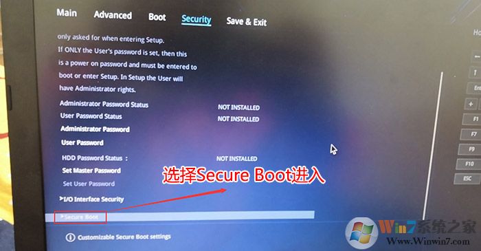 在Security選項(xiàng)下選擇Secure Boot回車