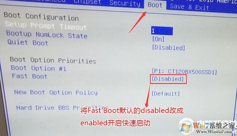 將Fast Boot默認(rèn)的disabled改成enabled，開啟快速啟動(dòng),