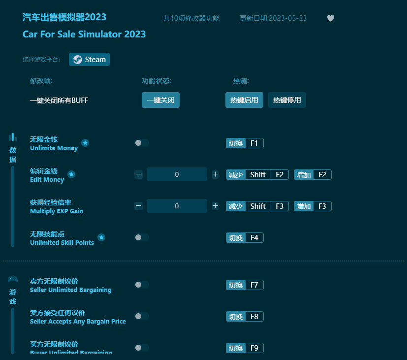 汽車(chē)出售模擬器2023十項(xiàng)修改器 v2023最新版